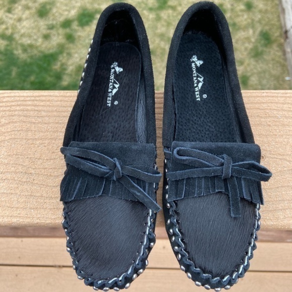 NWT-Black Suede Faux-Fur Studded Moccasin Slipper